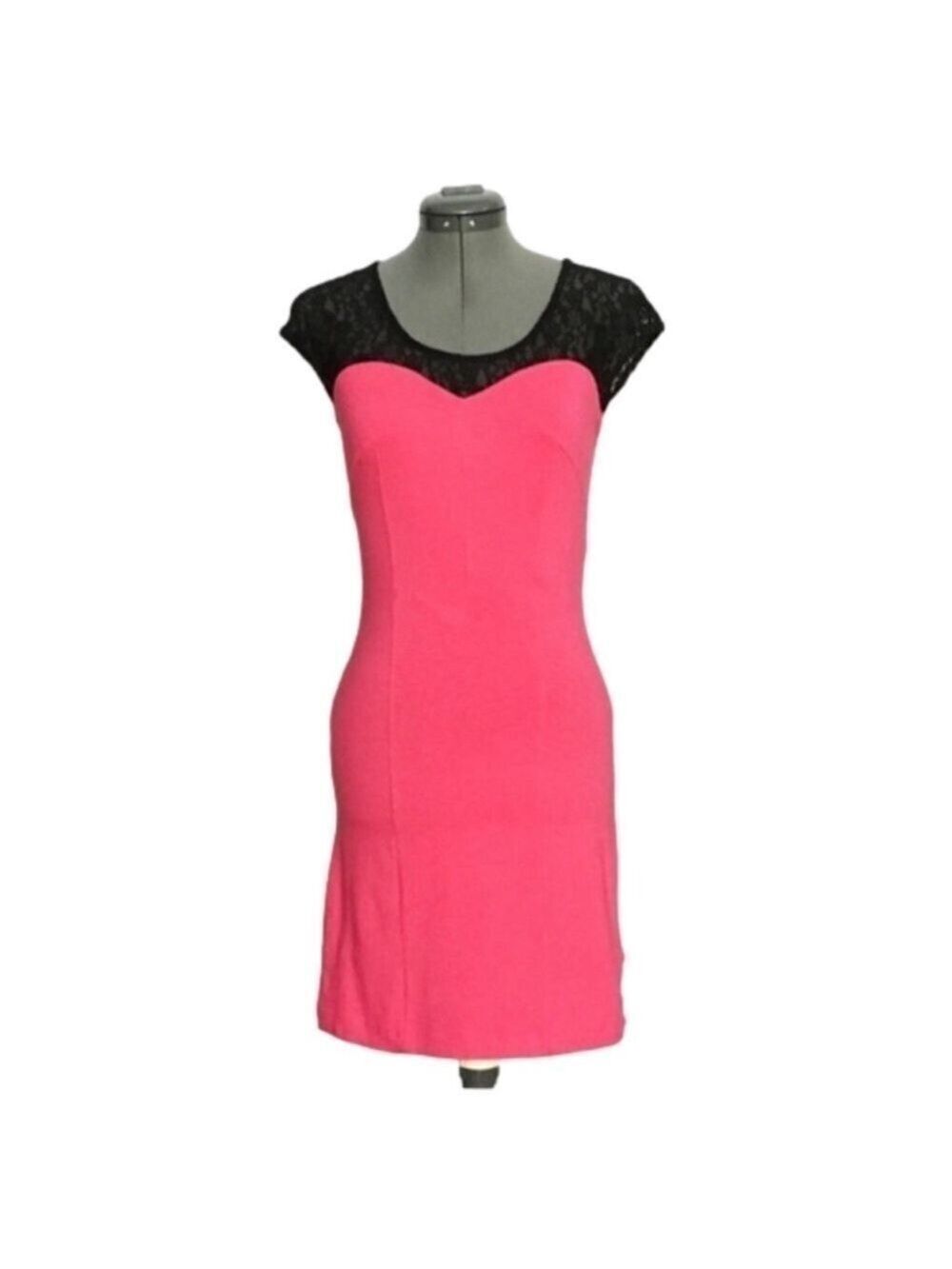 CITY STREETS Vibrant Hot Barbie Pink w/ Black Lace Body Con Dress Size S. NWT!